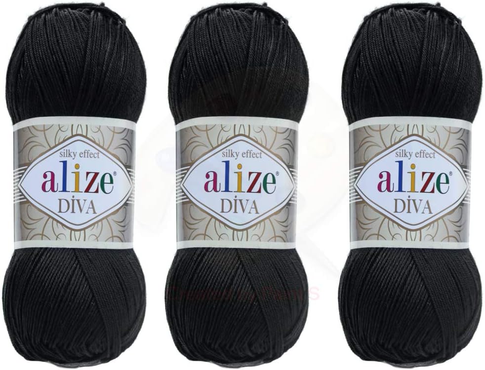 Alize Diva Yarn Hand Knitting Yarn 100% Microfiber Acrylic Yarn Alize Diva Silk Effect Thread Crochet Art Lace Craft Lot of 3 skeins 400gr 1314yds Color (60 - Black)
