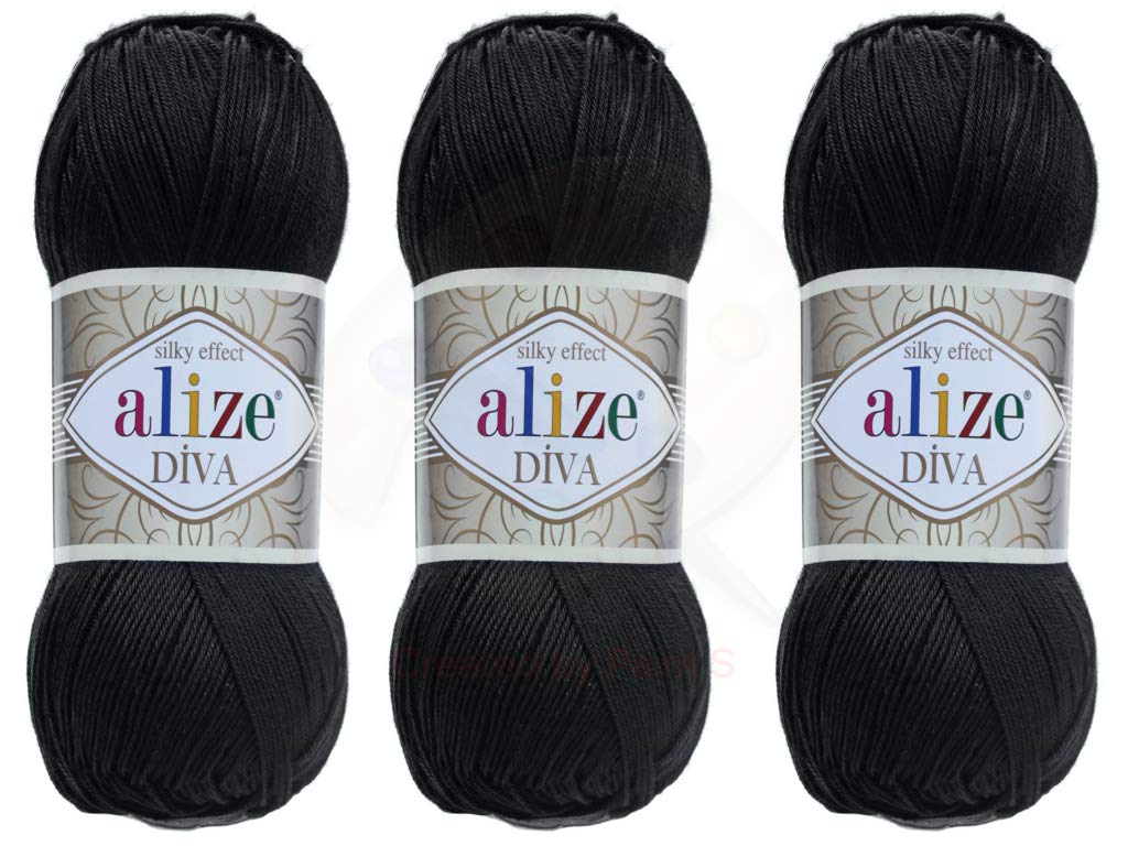 Alize Diva Yarn Hand Knitting Yarn 100% Microfiber Acrylic Yarn Alize Diva Silk Effect Thread Crochet Art Lace Craft Lot of 3 skeins 400gr 1314yds Color (60 - Black)