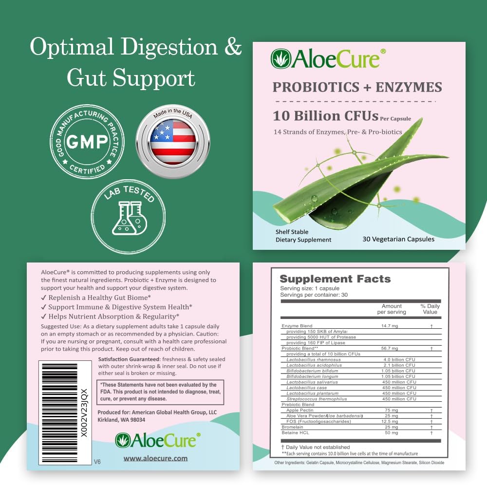 AloeCure Daily Probiotics 10 Billion CFUs + Enzymes & Prebiotics, 30 caps — Amazon image 6