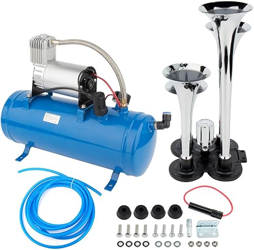 Bocinas de tren de 150dB Super Loud 4 trompeta tren eléctrico Bocina de aire de coche 120PSI Compresor de aire de 1.5 galones Tanque de aire Kit de