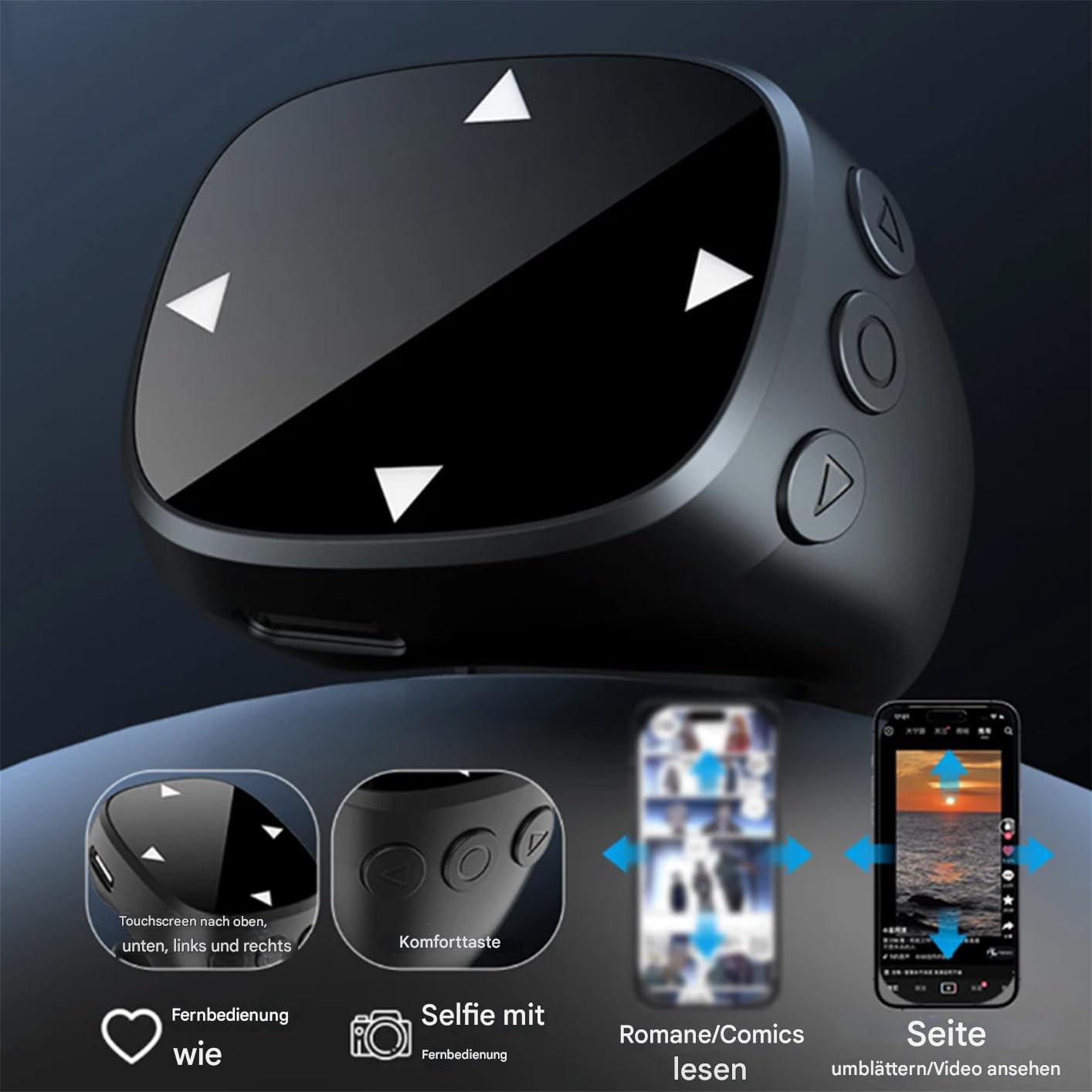 Scroll Ring - drahtloser Touchscreen -Controller, Smartphone Scroll Ring für Freisprechnavigation, Media Control Tool | -Finger -Fernbedienung für Präsentation, Live -Streaming, Fotos, Video
