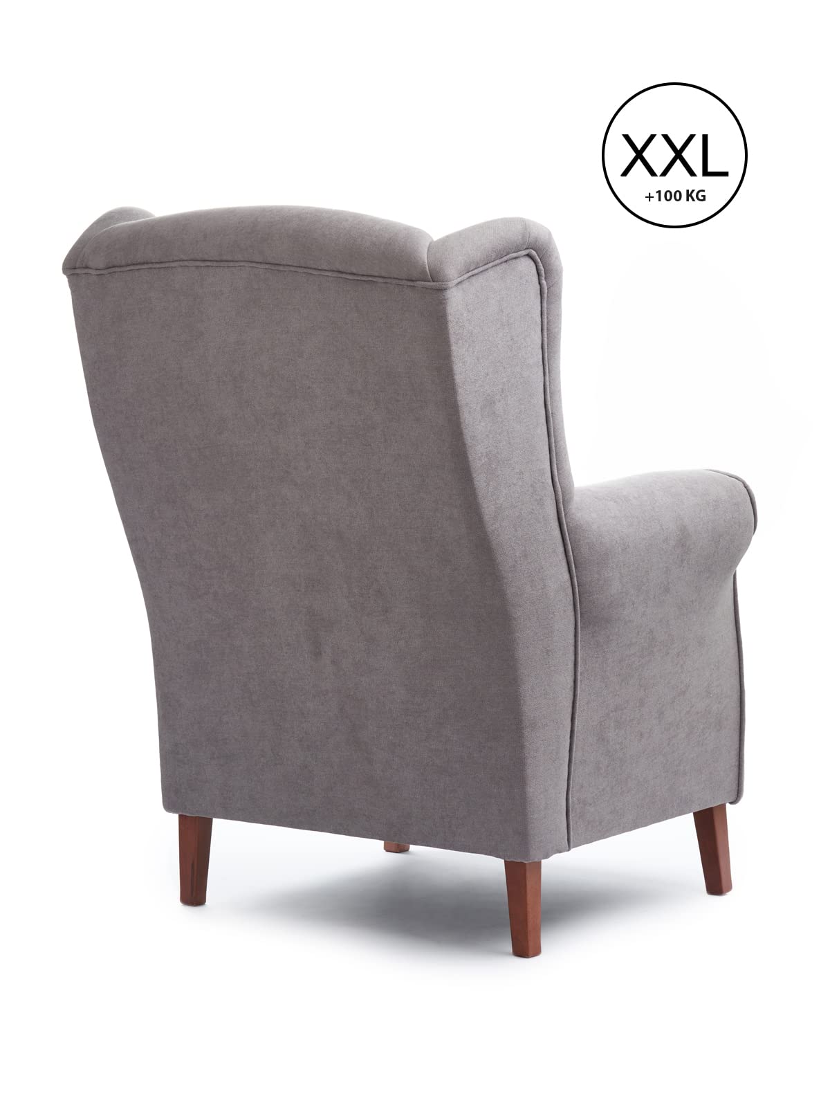 Sillón Orejero XXL, diseñado para Personas corpulentas, con sobrepeso. Estructura y Bastidor Reforzado.. Butaca Grande con Tela Antimanchas. Medidas: 90x84x118 cm. (Gris, Nogal)