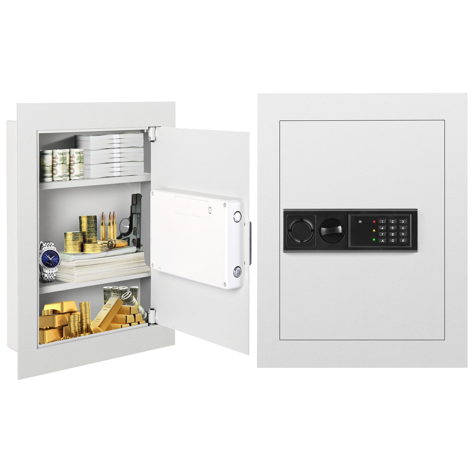IRONMAX Caja fuerte de pared, empotrada y plana, caja de seguridad oculta con luces LED y cerradura electrónica digital, caja fuerte de 22 pulgadas para el hogar entre tachuelas para armas de fuego,