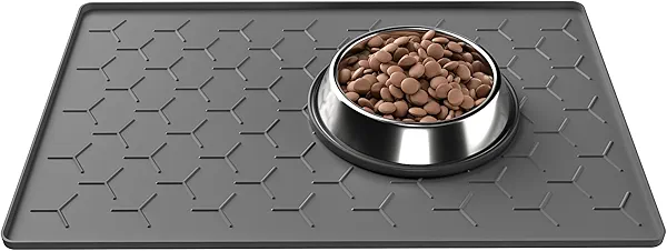 Pieviev Dog Cat Food Bowl Mat, Silicone Waterproof Food Grade Pet Food Mat for Floor, High Raised Edge to Prevent Spills, Non-Slip & Easy Clean Pet Placemat for Dog & Cat Bowls, 24''x16'', Dark Gray