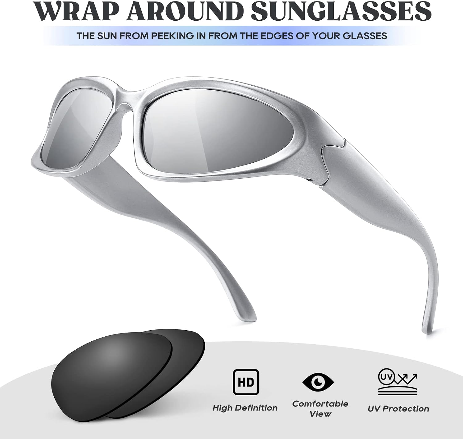 JASPIN Y2K Wrap Around Sunglasses for Women Men Sliver Oval Fashion Trendy Sport Shades UV Protection Eyeglasses image 3