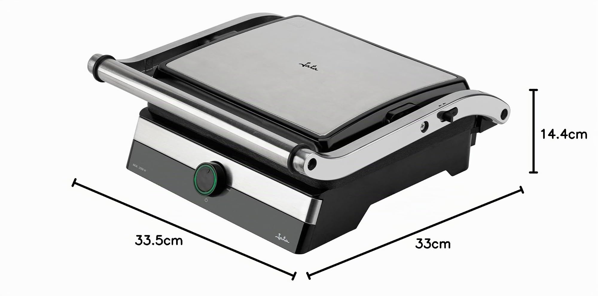 JATA JEGR1596 - Parrilla Electrica y Grill con placas rayadas antiadherentes de 29 x 23,6 cm. 2000 W. Cocina todo tipo de alimentos. Apertura 180º. Tapa superior basculante. Bandeja recogesalsas