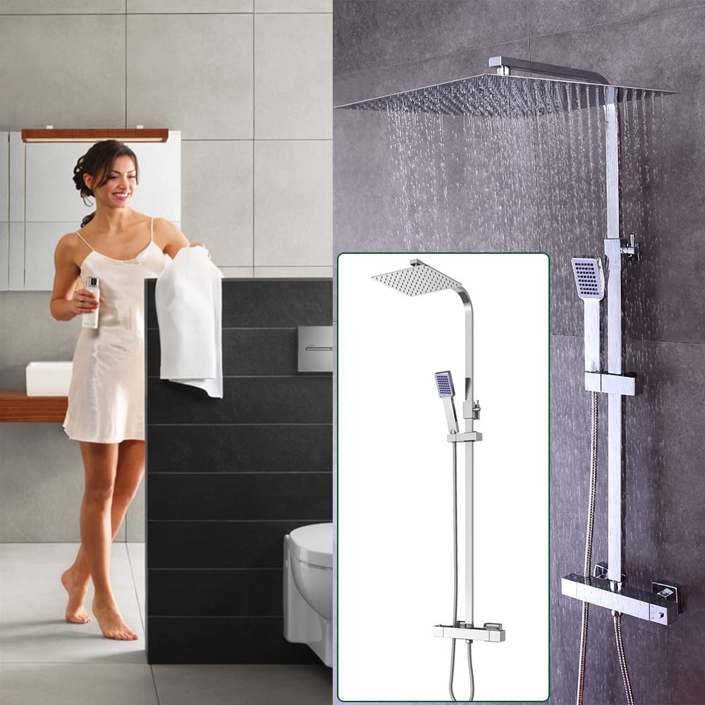Juego de ducha con termostato de 40 cm, cuadrado, alcachofa de lluvia con ducha de mano, 38 ℃, para ferretería, cocina y baño, instalación de baño