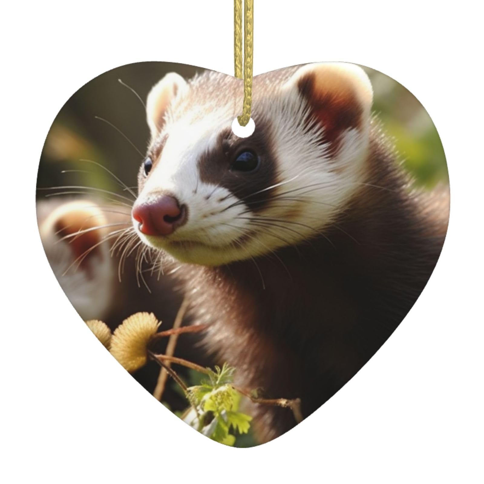 Foraging Ferret Christmas Ornament 2025 Heart Ceramic Hanging Ornaments for Home Decor Christmas Decorations with Gold Rope Double-Sided Xmas Tree Ceramic Hanging for Holiday Party