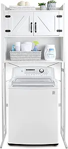Over The Washer or Over The Toilet Storage Cabinet w/Height Adjustable Shelf Laundry Room/Bathroom Organizer Rack, 2-Door Freestanding Rack Space Saver, White