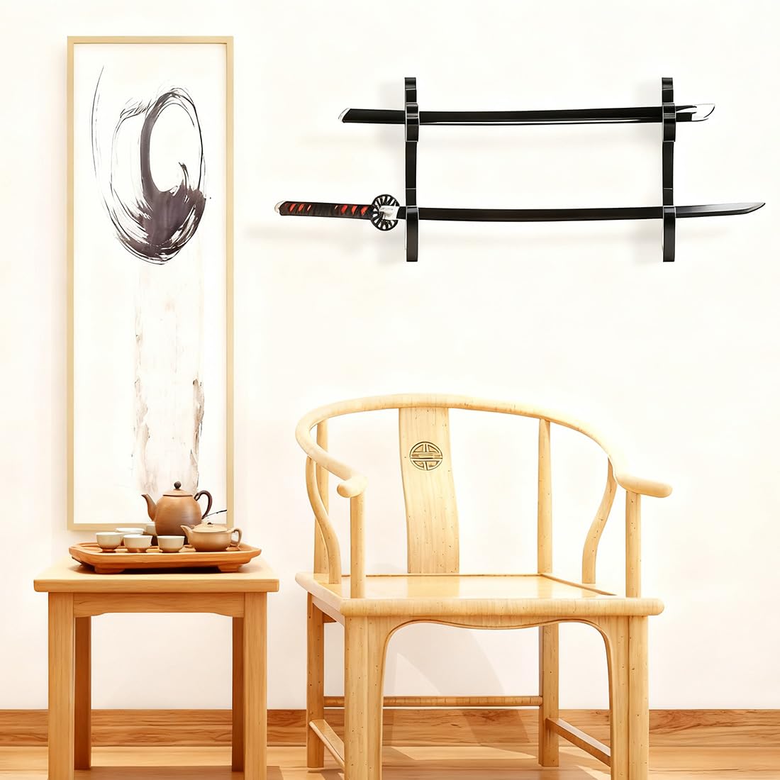 Supporto da Parete in Legno a Doppio Scomparto per Spade, Interno Imbottito in Velluto Rosso, Ideale per Katana, Spade Laser, Spade Samurai e Altre Spade