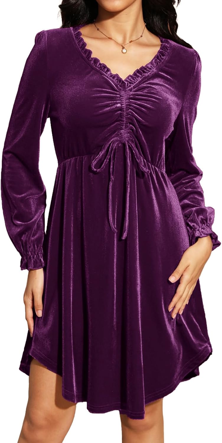 Jayscreate Women's V Neck Velvet Dress Tie Front Waist 2024 Ruffle Long Sleeve Wedding Guest Short Wrap Formal Dress