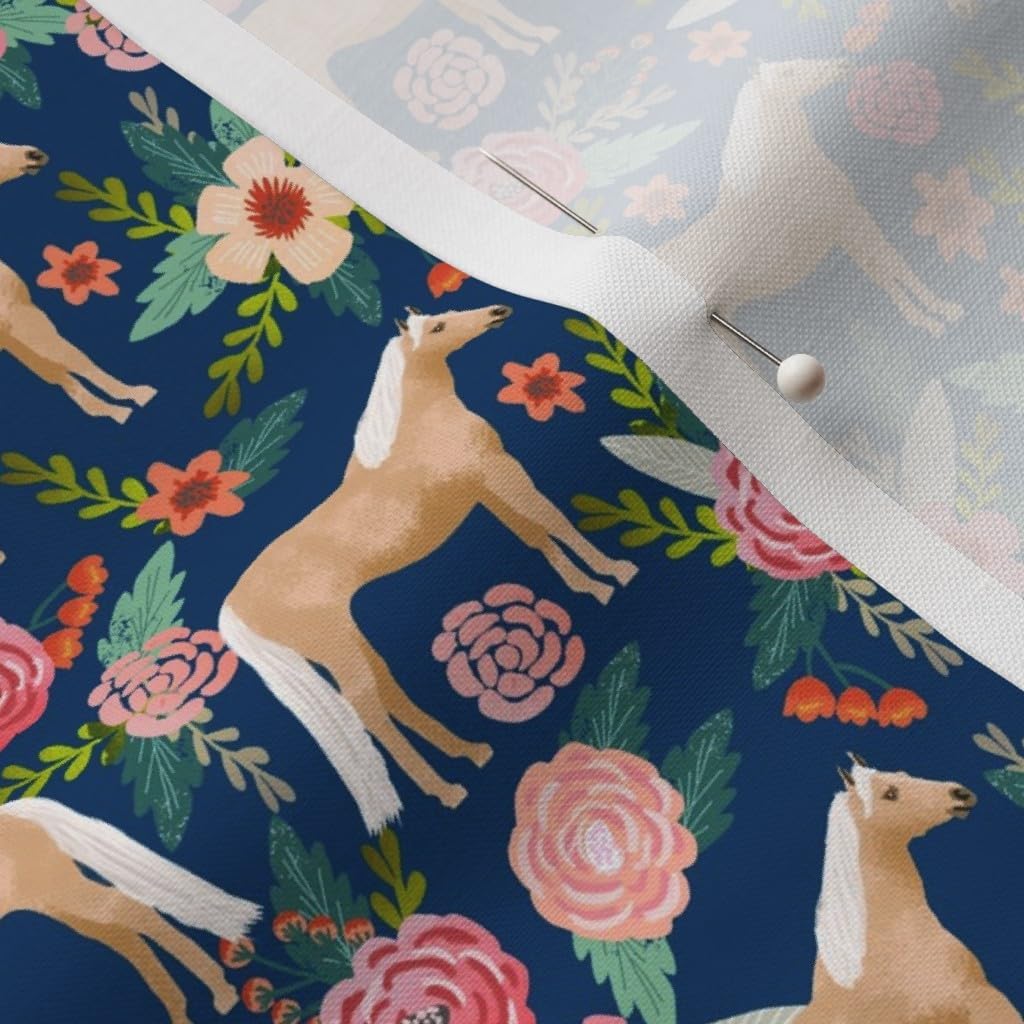Spoonflower Fabric - Horse Florals Horses Navy Floral Pony Ponies Breeds Pet Portrait Printed on Petal Signature Cotton Fabric by The Yard - Sewing Quilting Apparel Crafts Decor