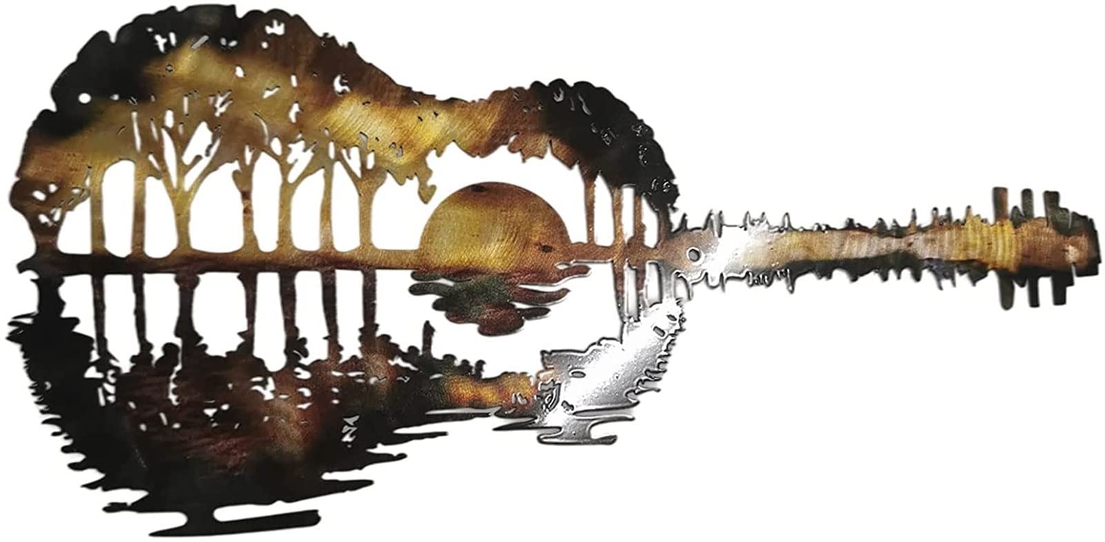 Abstract Guitar Metal Wall Decor, Creative Wrought Iron Forest Sunset Scene Guitar Wall Art, Modern Music Guitar Wall Sculpture for Music Studio Musicians Indoor Outdoor Wall Decorations