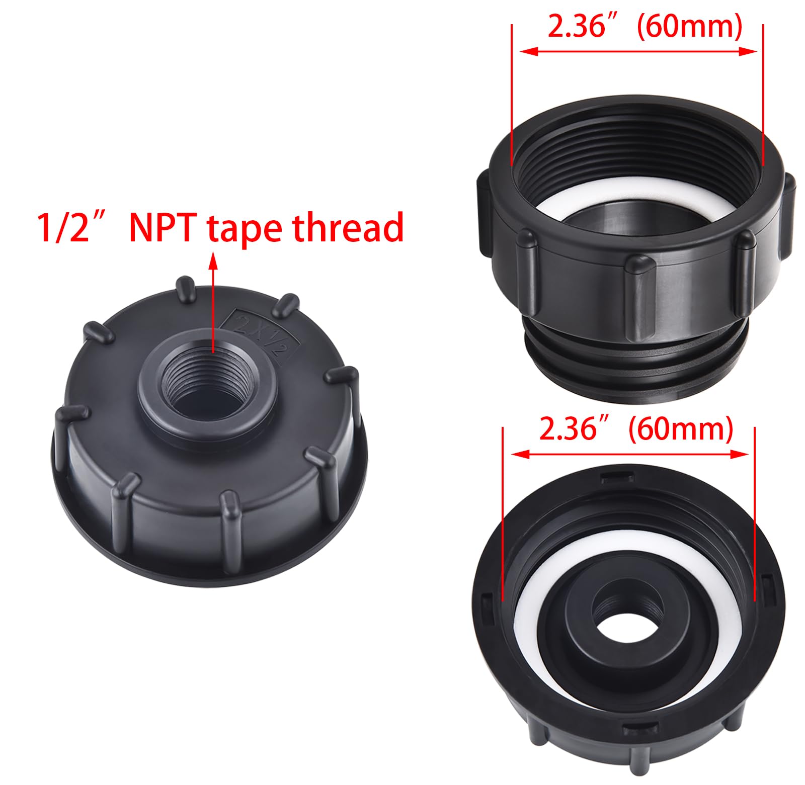 Adattatore Di Scarico Per Serbatoio IBC Da 275/330 Galloni - Raccordo In Plastica Filetto 60mm X 3/4 BSP/NPT, Per Uso Alimentare