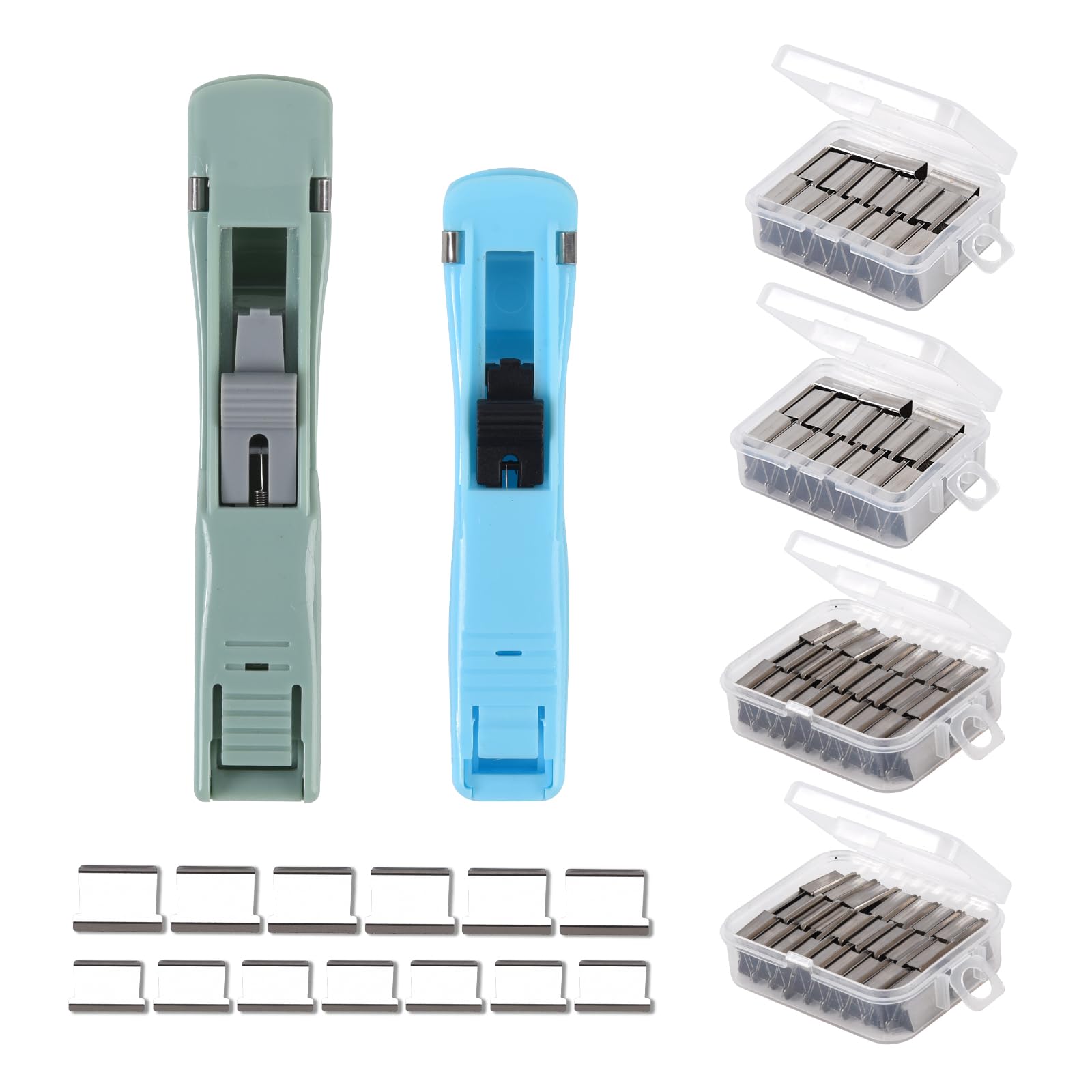 YUXUAN 2 piezas (grandes y pequeñas) Push Stapler Set Portable Fastener Clip y 160 Piece Reusable ClipIdeal para grapados adicionales en casa, escuela, oficina, cocina y más