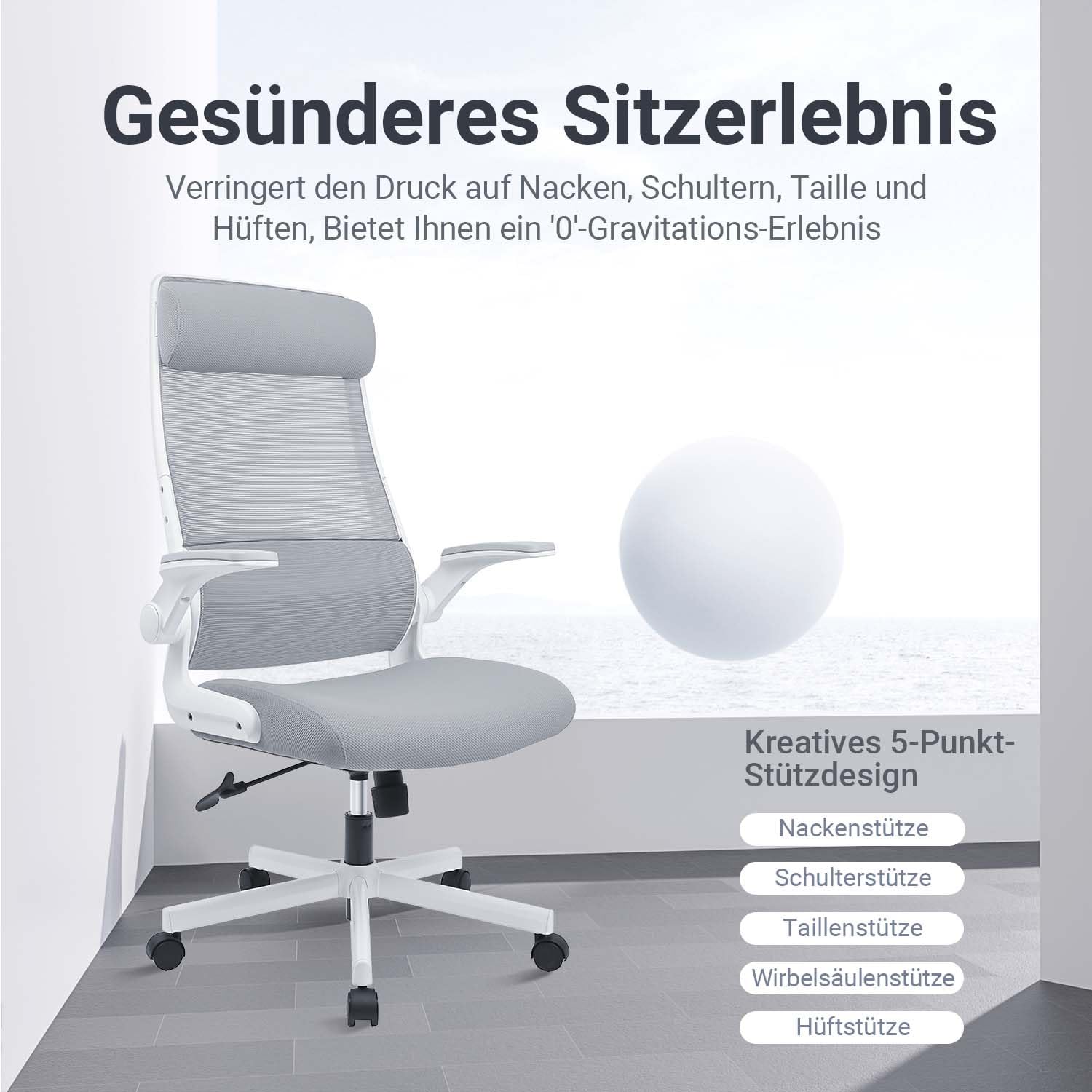 MELOKEA Bürostuhl Ergonomisch mit Verstellbare Kopfstütze, Schreibtischstuhl aus Mesh, Klappbare Armlehnen, Breites Sitzkissen, Wippfunktion, EN 1335 Computerstuhl, Bürostuhl 200 KG, Desk Chair, Grau