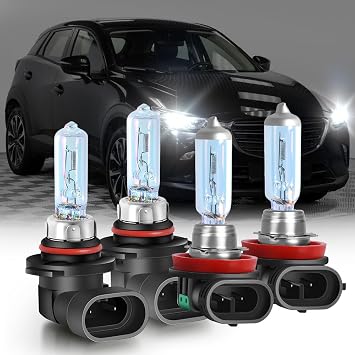 Upgraded 9005 H11 Halogen Headlight Bulbs 2016-2021 For Mazda CX3 | High Performance 9005 High Beam and H11 Low Beam Combo, 300% More Brightness Plug N Play, Pack of 4
