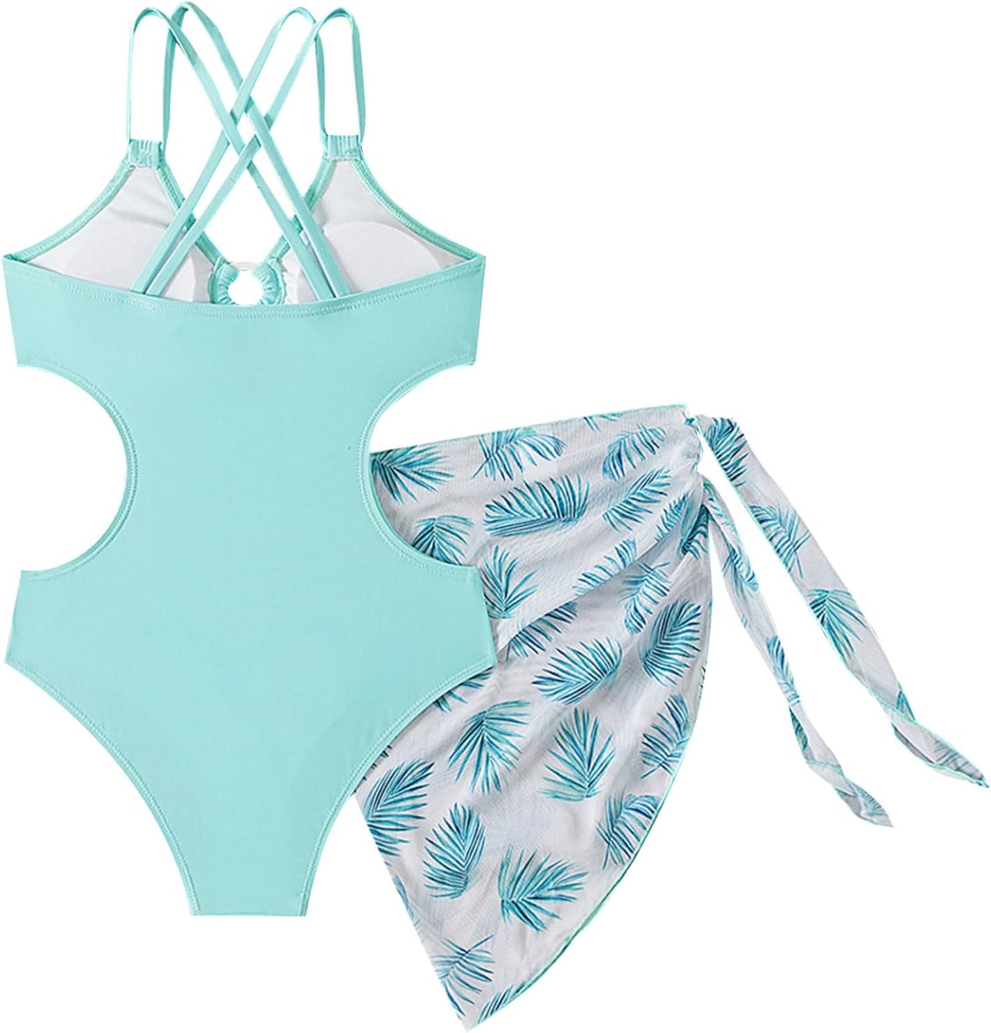 Kids Girls 2Pcs Sleeveless Strappy Padded Swimwear with Cover Up Skirt Bathing Suit Summer Beachwear