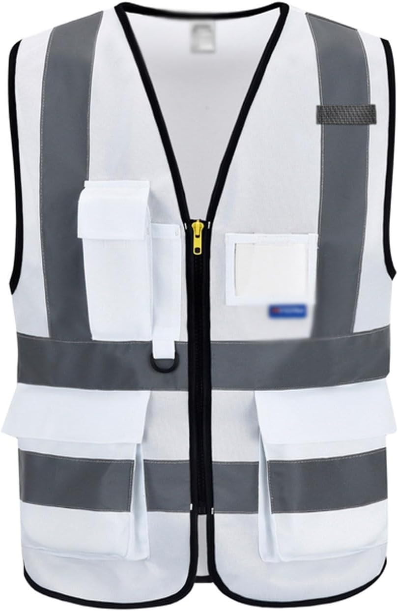 High Visibility Reflective Safety Vests, Multi-Pocket Zipper Jacket Workwear(White,Medium)