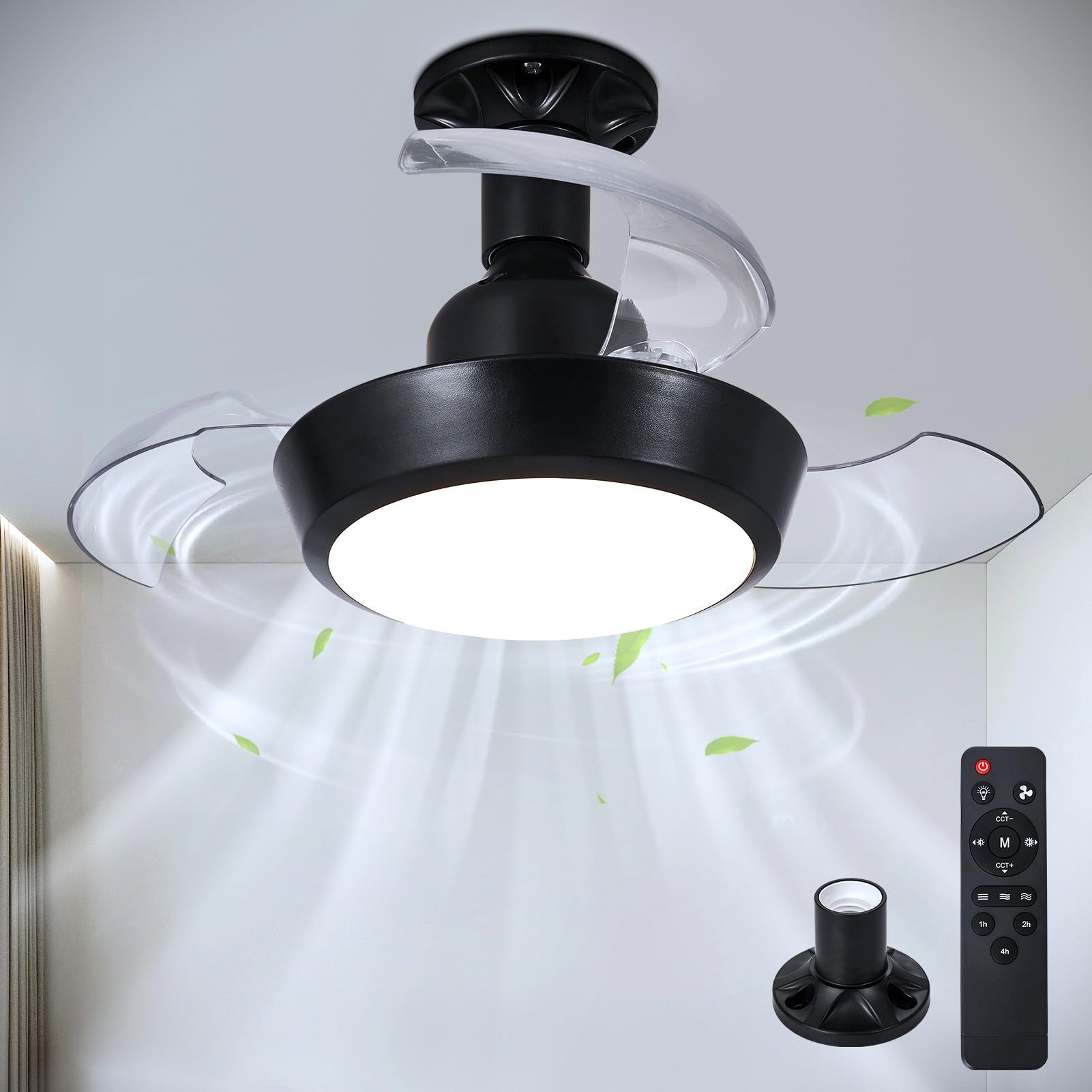 HARPER LIVING Small Ceiling Fans with Lights & Remote, E27 Screw in Fan Lamp with 3 Retractable Blades, 30W 1400LM Dimmable & 3CCT LED Ceiling Fan Light Bulb Ideal for Small Rooms, Black