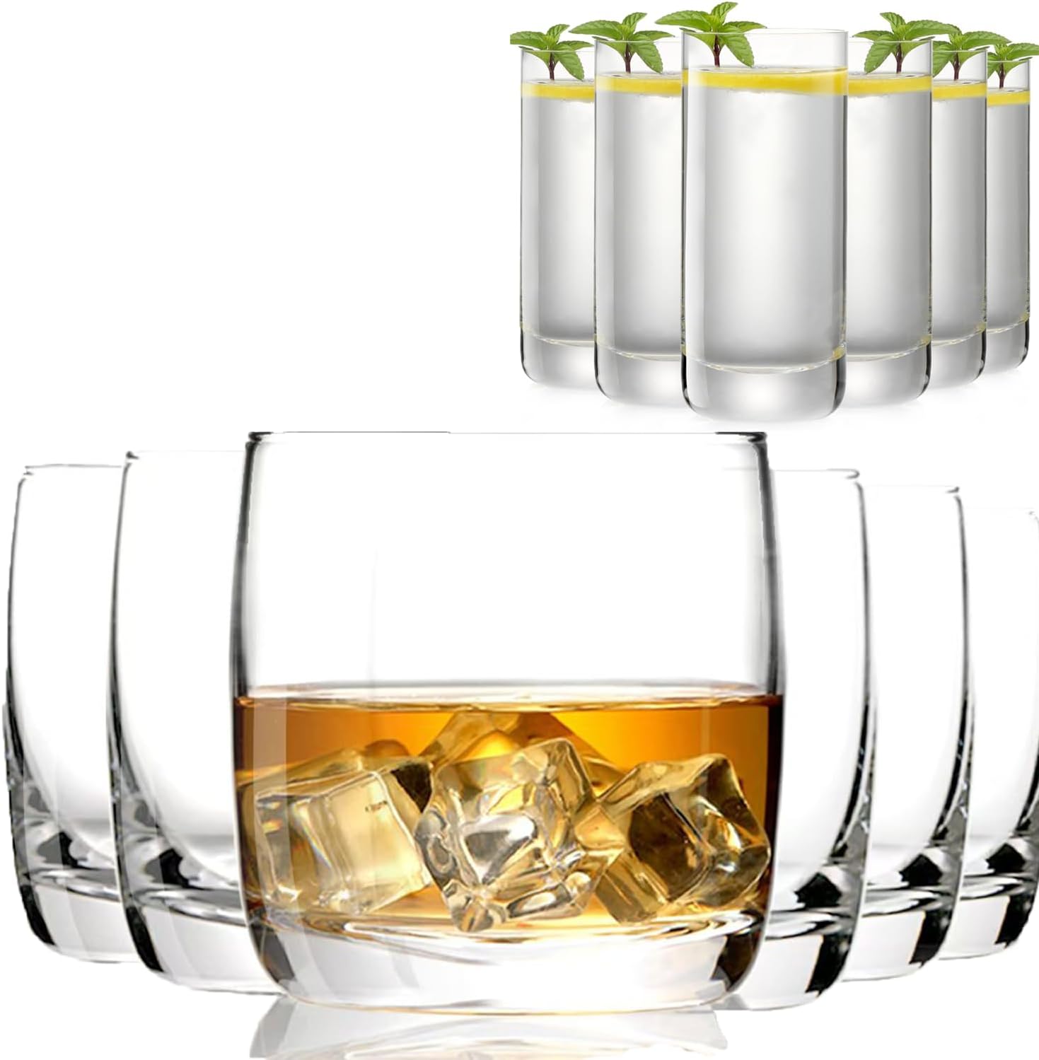 13oz Highball Glasses Set of 6 with 10.5oz Lowball Glasses Set of 6, Premium Crystal Drinking Glasses for Whiskey, Scotch, Cocktail and Juice
