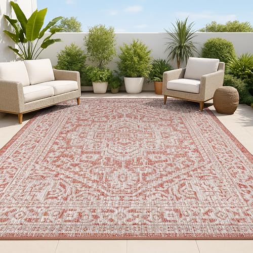 JONATHAN Y Medallion Weave Indoor Outdoor Area Rug 4X6 Red/Taupe, Sinjuri Textured for Backyard, Patio, Porch, Easy-Cleaning, High Traffic, Pet-Friendly, Non-Shedding (SMB101A-4)