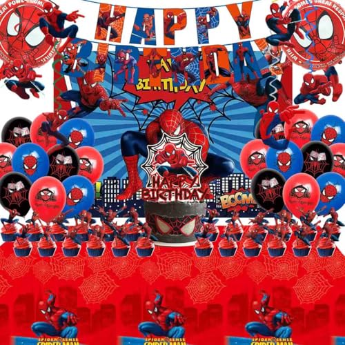 51PCS spidey birthday party supplies backdrop Happy Birthday banner tablecloth large aluminum balloon small aluminum balloons latex balloons cake topper cupcake toppers hanging swirls