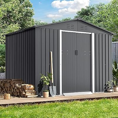 Patiomore Outdoor Vented Backyard Garden Storage Shed 6X8 Feet Tool House with Sliding Door Outdoor Lawn Steel Roof Sheds, Grey, Gray