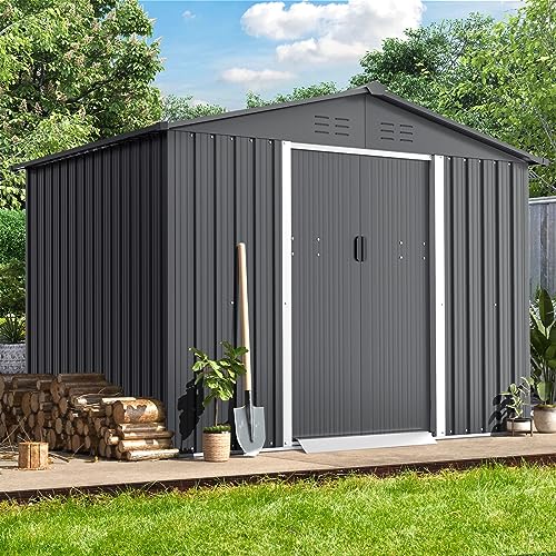 Brightpeak 6x8 FT Outdoor Metal Storage Shed, Galvanised Steel Garden Shed with Lockable Doors, Waterproof Shed for Bike Storage, Tool Storage, Temporary Storage (Grey)