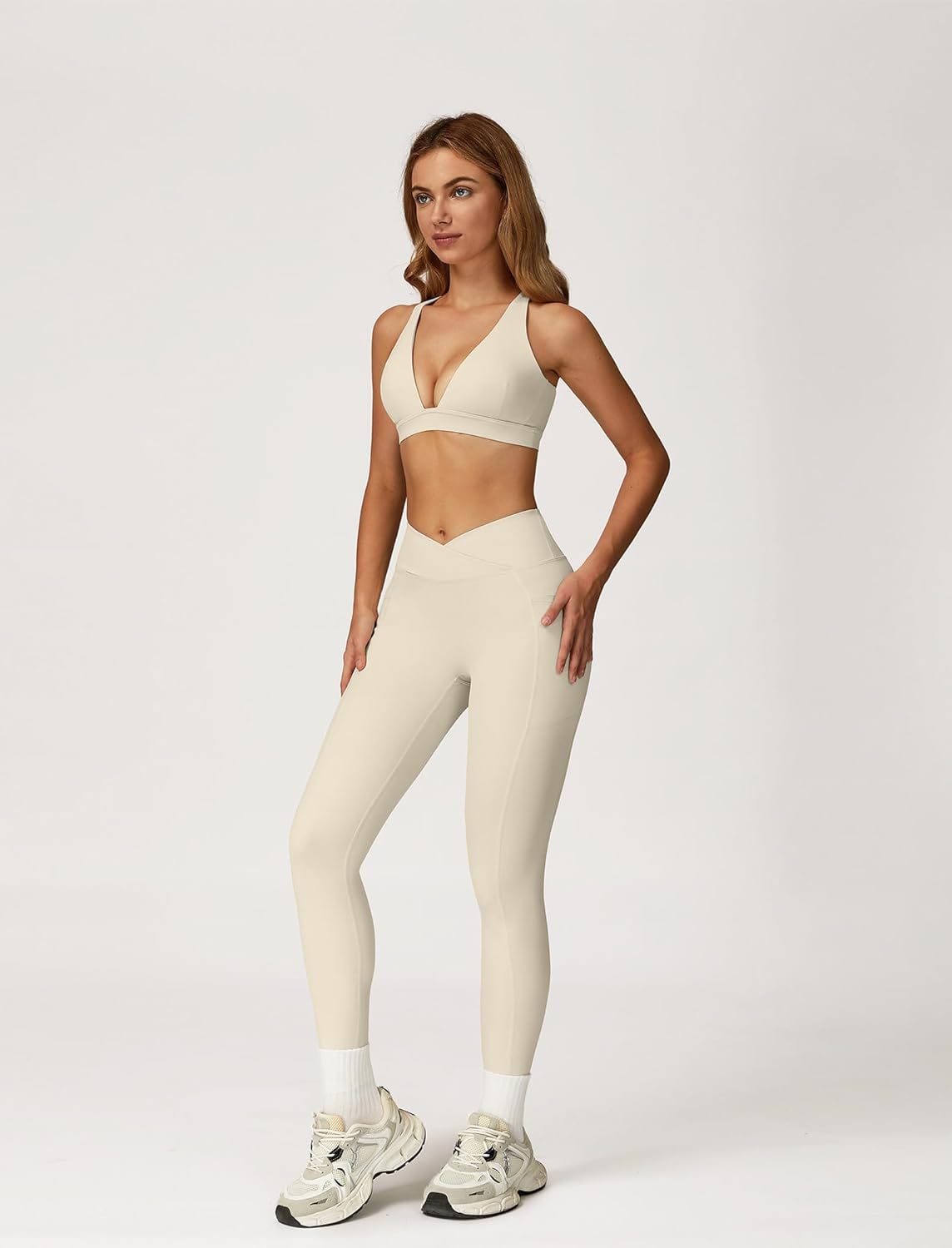 ABOCIW Womens Two Piece Workout Sets Deep V Neck Sports Bra Crossover Leggings with Pockets Gym Yoga Pilates Outfits - Image 4