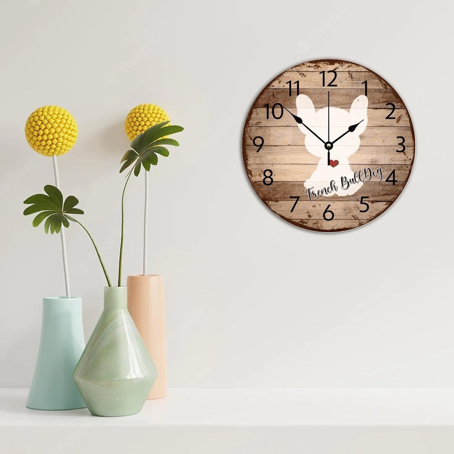 Wood Wall Clocks Non-Ticking Quartz Battery Operated French Bulldog Personalized Wall Clocks Animal Prints Dog Silhouette Pictures Wall Decor for Washroom Home Daycare 12 Inch