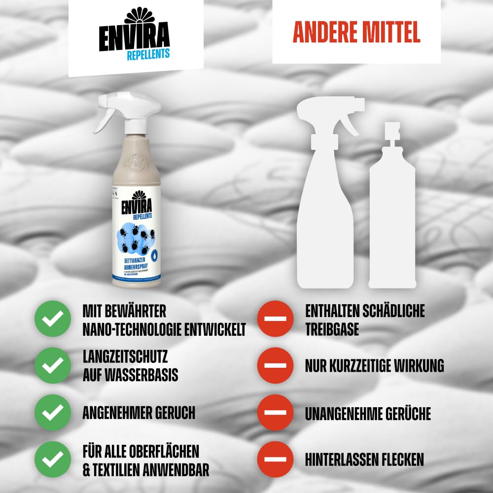 Envira Bettwanzen Abwehrspray 2x 5 Liter + 2L Sprüher - Spray mit Langzeitwirkung gegen Bettwanzen - Mittel gegen Bettwanzen für Wohnung, Hotel, Matratzen & auf Reisen - Bettwanzen loswerden