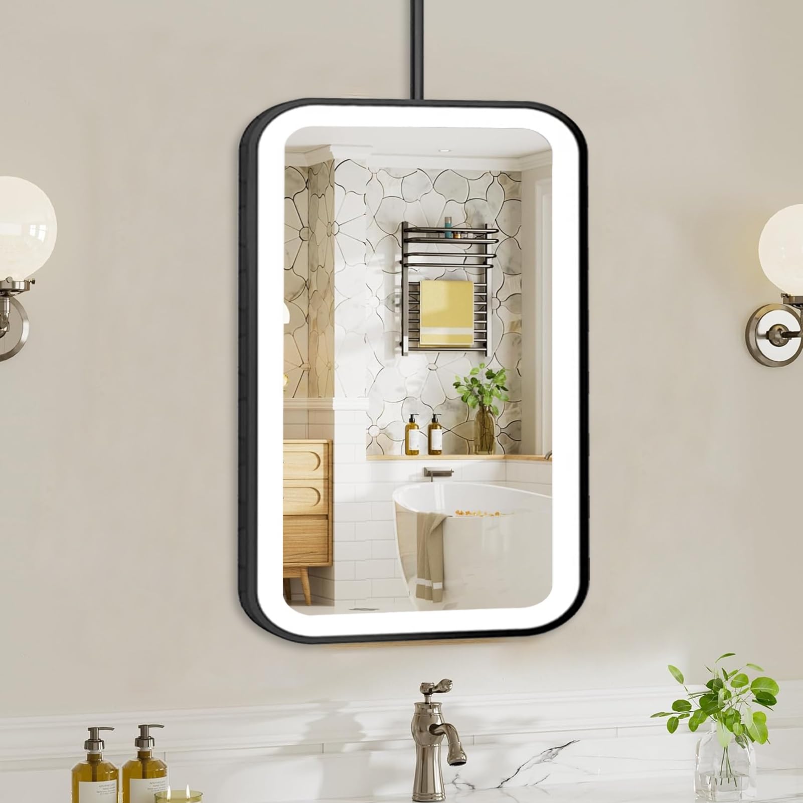 FGXHHS Bathroom Vanity Mirror with LED Lights，Ceiling Hanging Suspended Mirrors Metal Frame Decorative Glass Mirrors，Large Wall for Restroom，Entrance，Shop，Hotel(40cmx70cm)