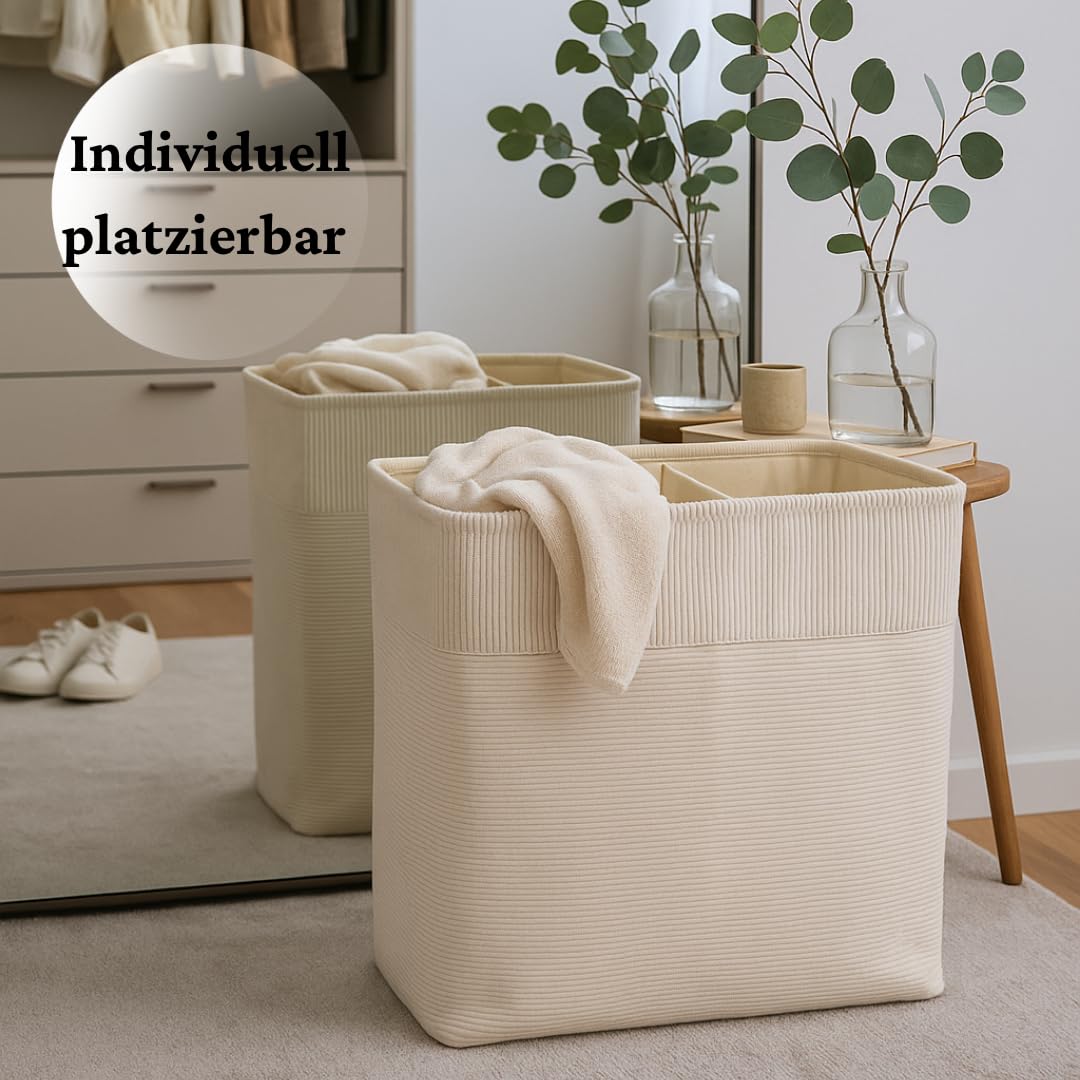 Wäschesammler XXL faltbar mit Trennwand – Moderner Cord-Stoff Beige – Wäschebox schmal hoch für Bad, Wäschebehälter für Schmutzwäsche – Wäschesammler groß, Laundry Bag, Wäschekorb Küche, Haushalt & Wohnen