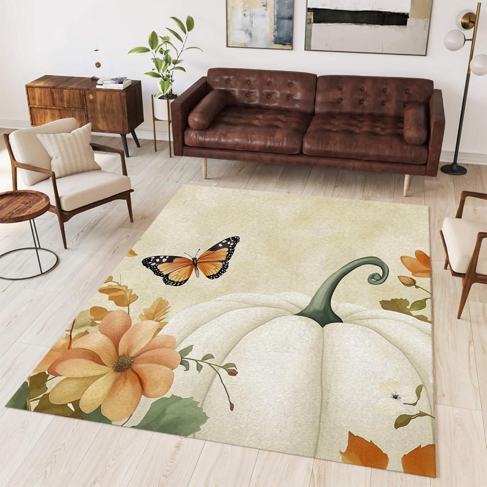 Tapis de salon citrouille blanche et papillon pour un intérieur cosy