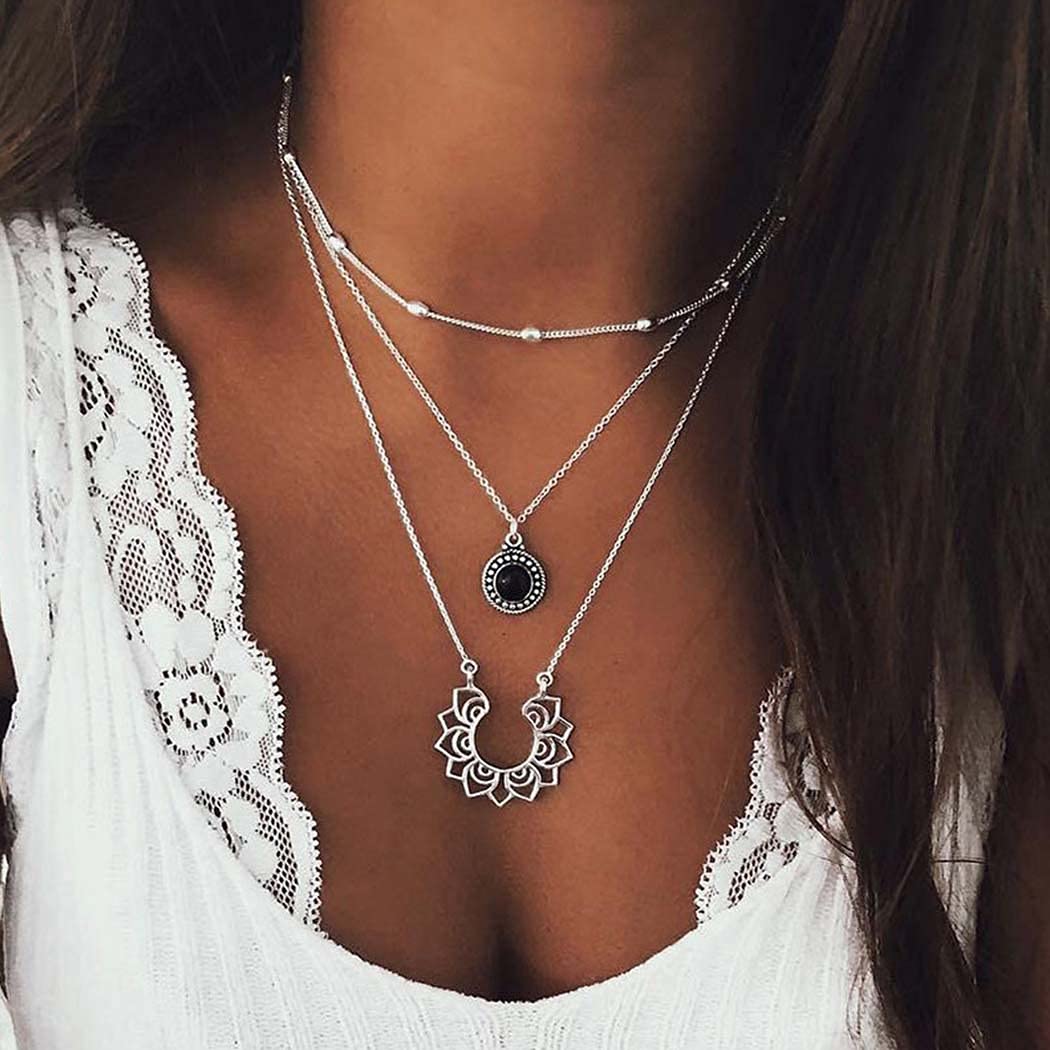 Boho Layered Beaded Necklace Silver Sun Flower Pendant Necklaces Coin Choker Chain Jewelry for Women and Girls