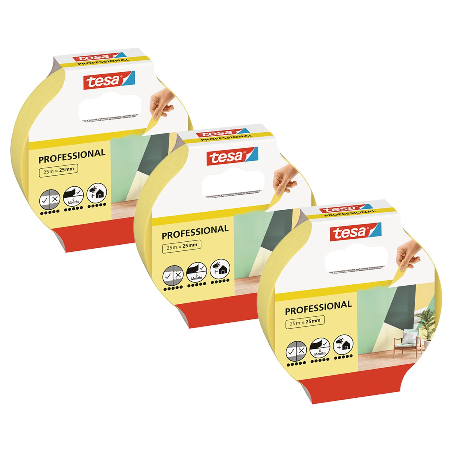 Tesa Uk Yellow Tesa Masking Tape Professional - Painter's Tape Made Of Thin Washi Paper For Particularly Precise Masking During Painting Work - For Indoors And Outdoors - 3X 25 M X 25 Mm
