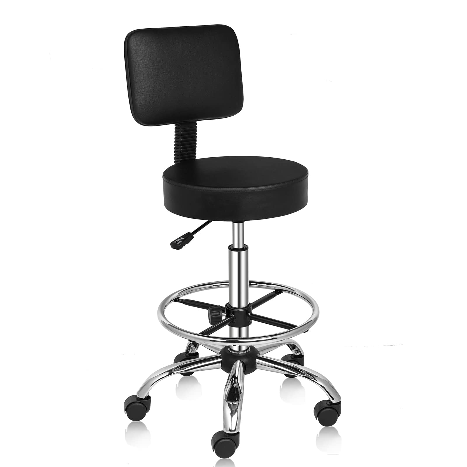 Bonnlo Taburete con Ruedas Ajustable en Altura 60-72cm con Respaldo Desmontable, Taburete de Trabajo Giratorio 360°, Soporta hasta 136 kg. Taburete de Oficina para Oficina/Salón/Bar, Color Negro