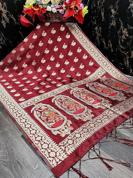 Women's Woven Banarasi Silk Zari Dupatta/Chunni, 1 Meter Width, 2.5 Meter Length, Pink4