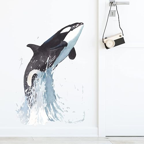 Miniatura 3 de Calcomanía de pared con diseño de ballena asesina saltando fuera del agua, para guardería, orca, animales marinos, extraíble, despegar y pegar,