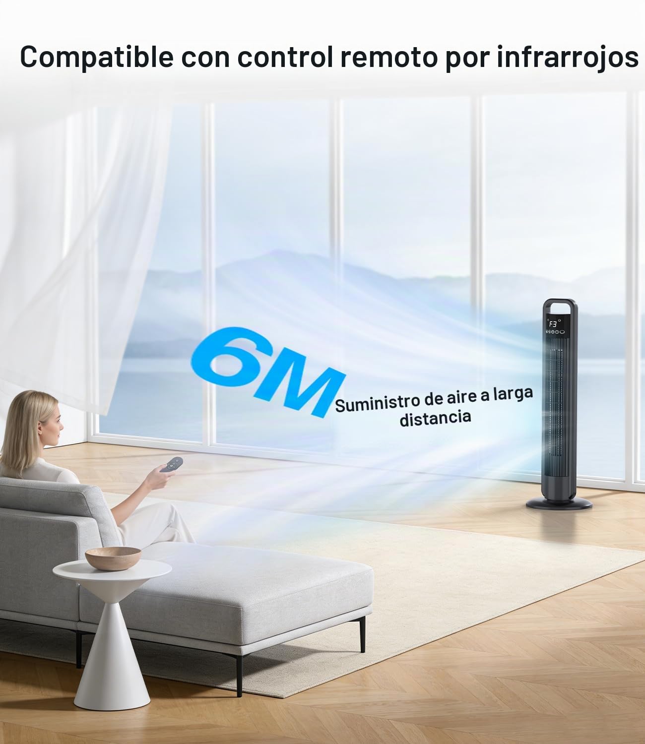 Ventilador de Torre Silencioso con Mando, 4 Velocidades, Velocidad de 9 m/s, Rotación de 70°, Temporizador 12H, Pantalla LED, 91cm Ventilador de Pie con Modo Sleep