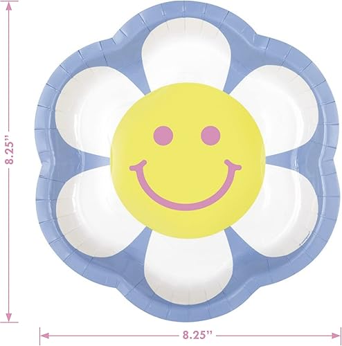 Miniatura 3 de HOME & HOOPLA Groovy Happy Vibes - Platos llanos de papel en forma de flor pastel y servilletas redondas de cara feliz (sirve 16)
