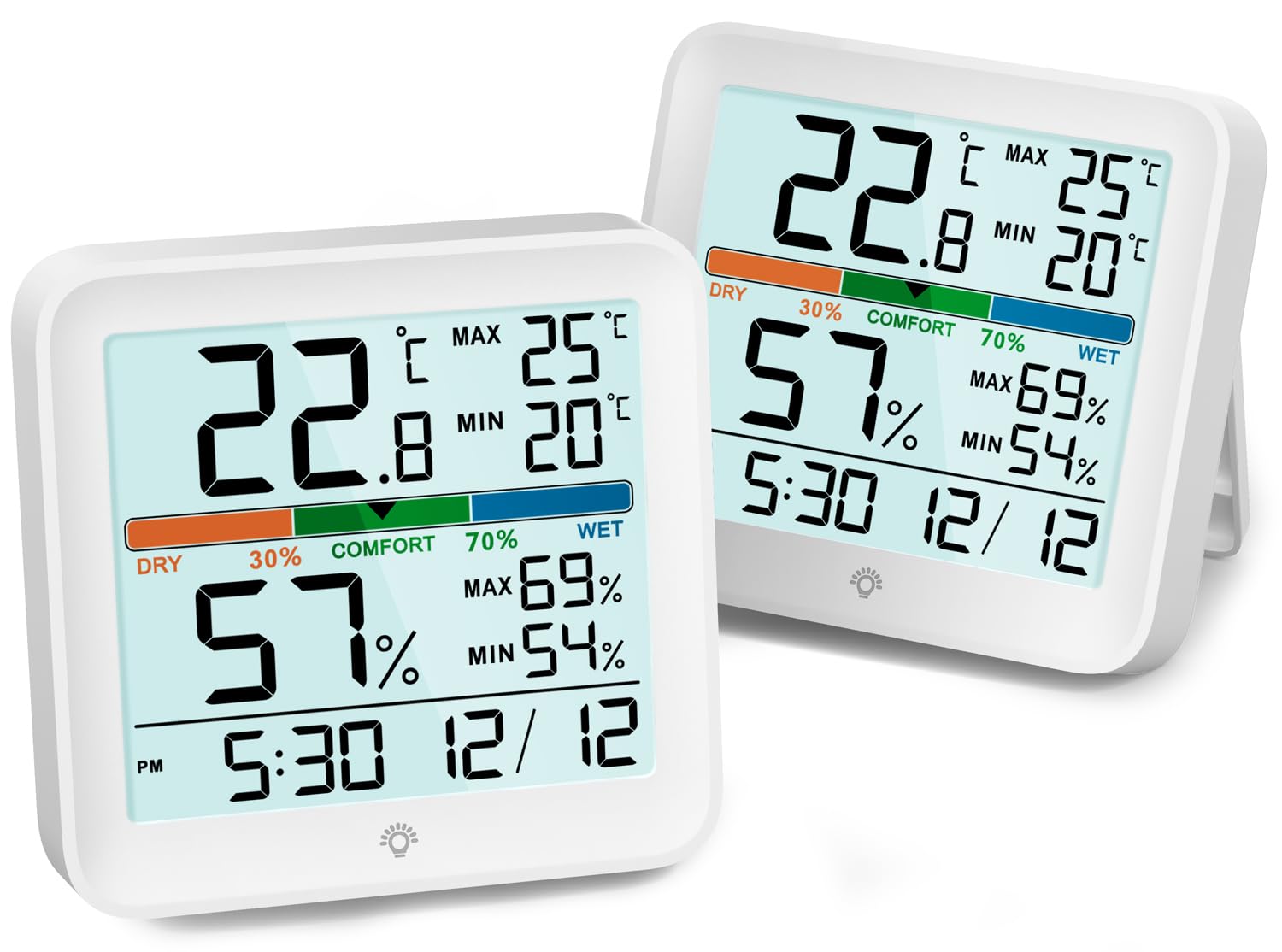 NOKLEAD termometro igrometro interno,termometri digitali misuratore umidità per Interni con Registrazioni Max Min Comfort dell'Aria Leggera Orologio Temperatura Monitor Misuratore di Umidità,2 Pezzi