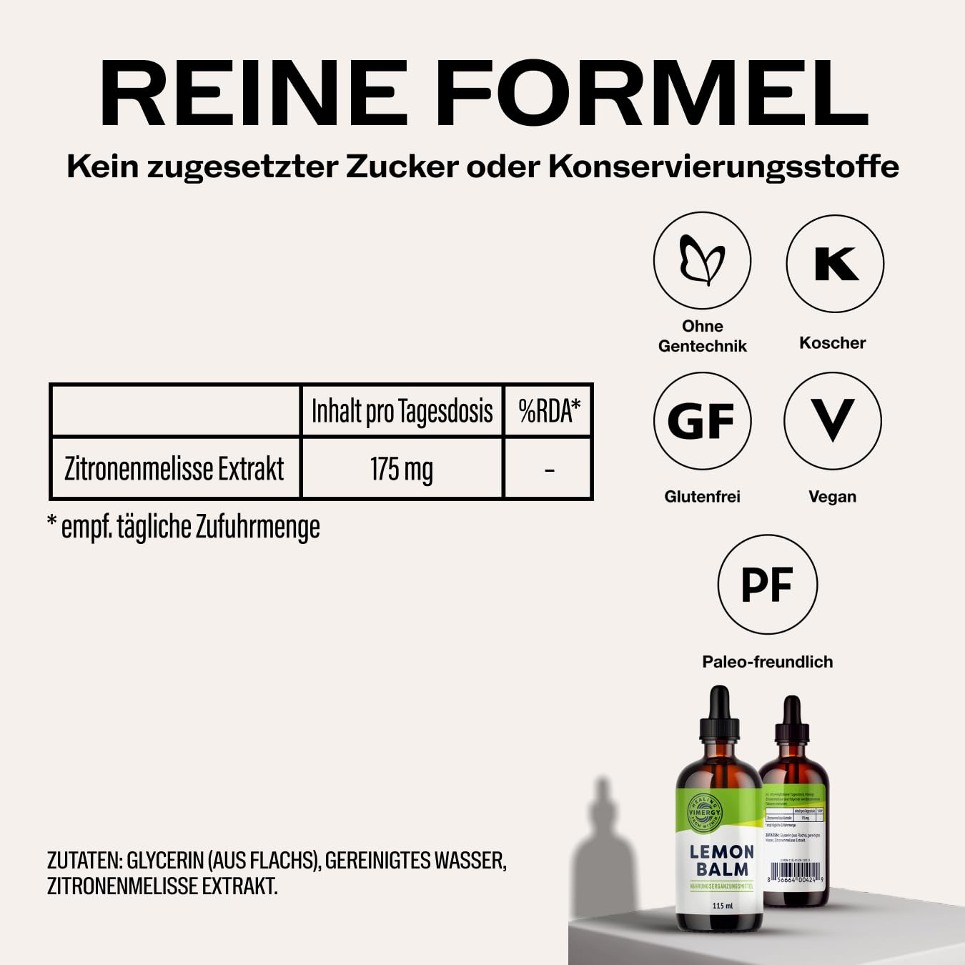 Vimergy Zitronenmelisse Extrakt 115 ml – Flüssige Nahrungsergänzung in Glycerin – Vegan, Ohne Zucker & Gluten