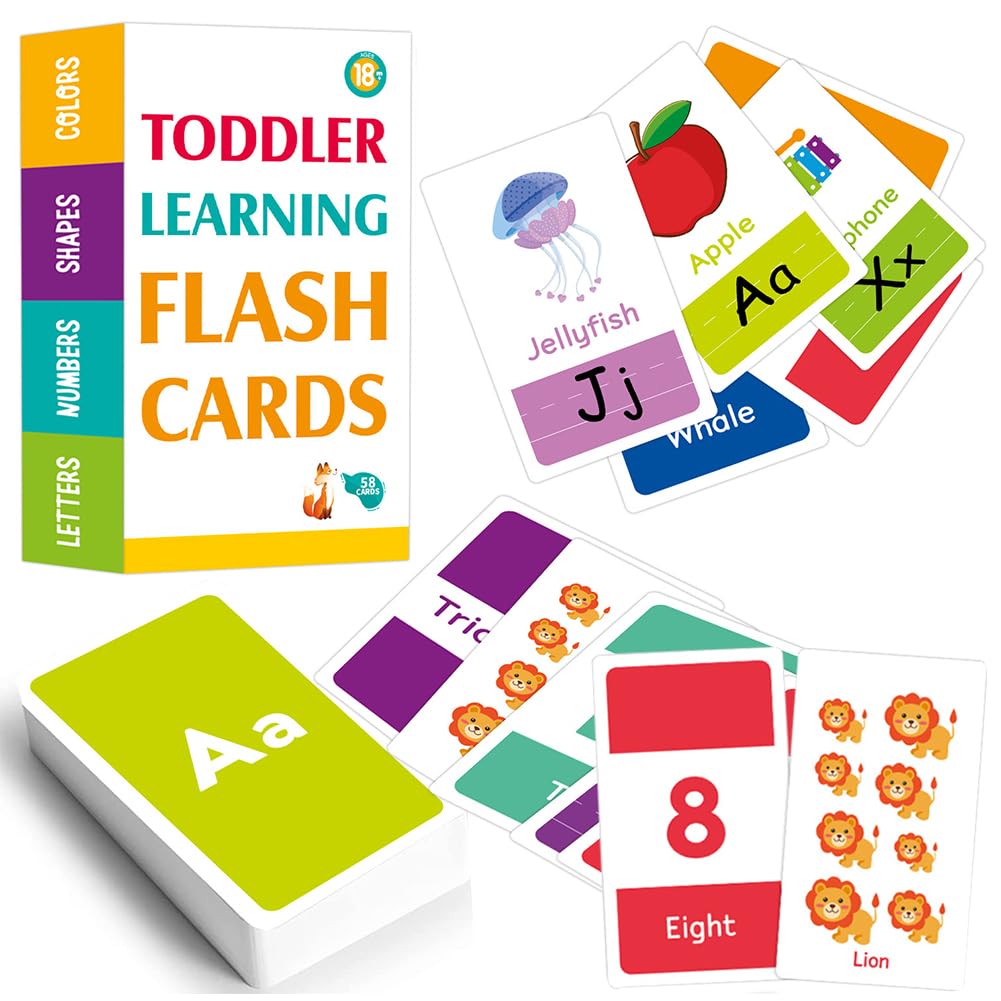 Alphabet Flash Cards,Double-Sided Learning Flash Cards Toy Set,58pcs Reading Flash Cards,Learn Colors Number ABC Letters Sight Words Animals Shapes,Preschool Kids Early Learning Flashcards