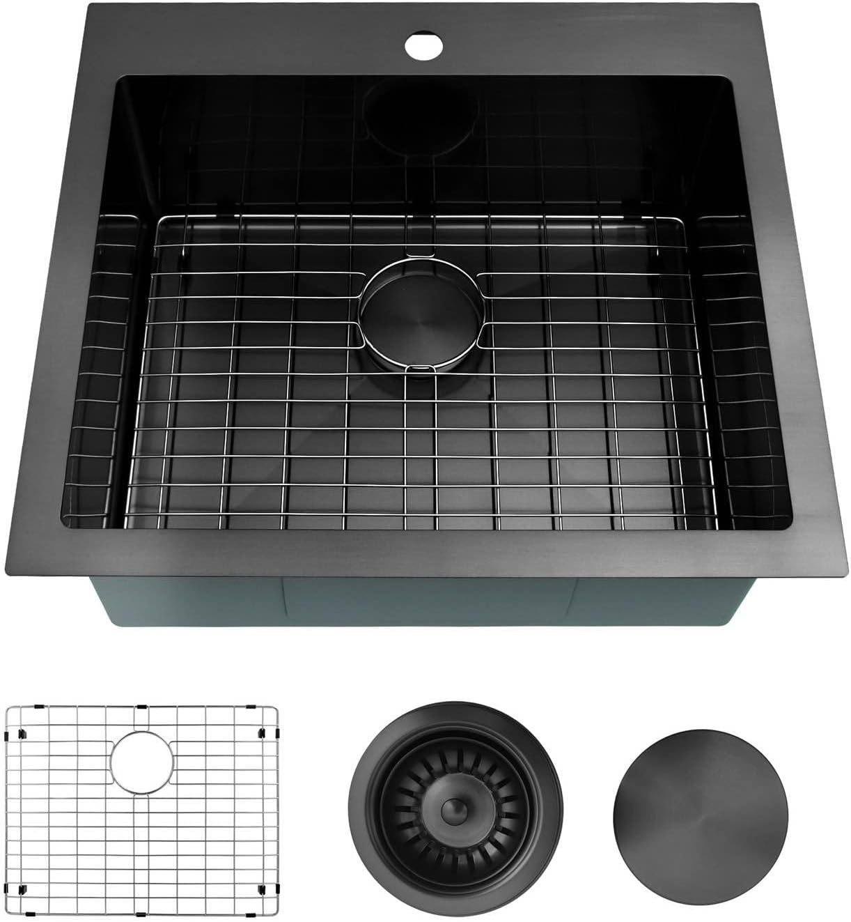 LQS Black Laundry Kitchen Sink, 25” x 22” Drop In Kitchen Sink, Drop In RV Kitchen Sink, Stainless Steel Laundry Sinks, 16 Gauge Black Kitchen Sinks With Accessories