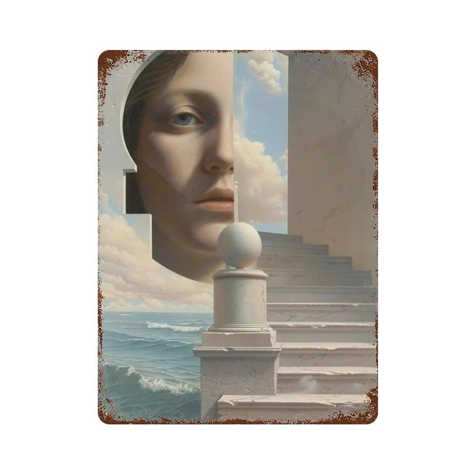 WIHYRTUI Dreamlike Surreal Step & Ocean Composite Scene 04 Wall Retro Iron Metal Tin Sign Vintage Art Poster Modern Home Cofffee Club Art Bar Shop Decor Style 40x30cm