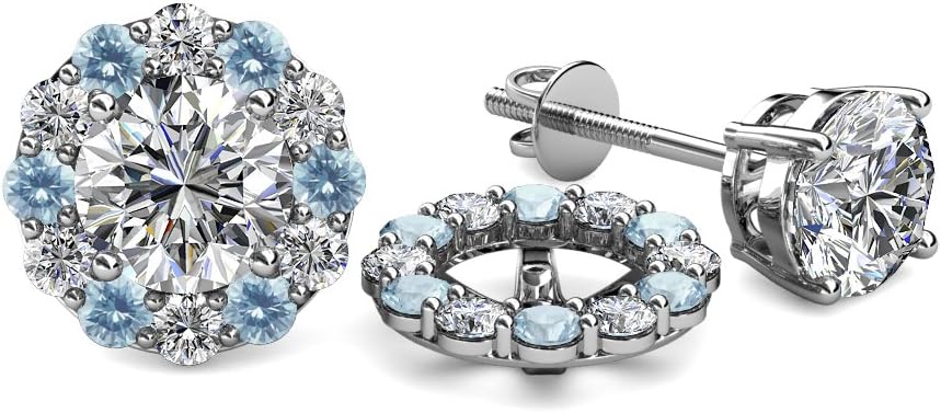 Natural Diamond & Aquamarine 0.76 ctw Women Halo Jackets for Stud Earrings 14K White Gold