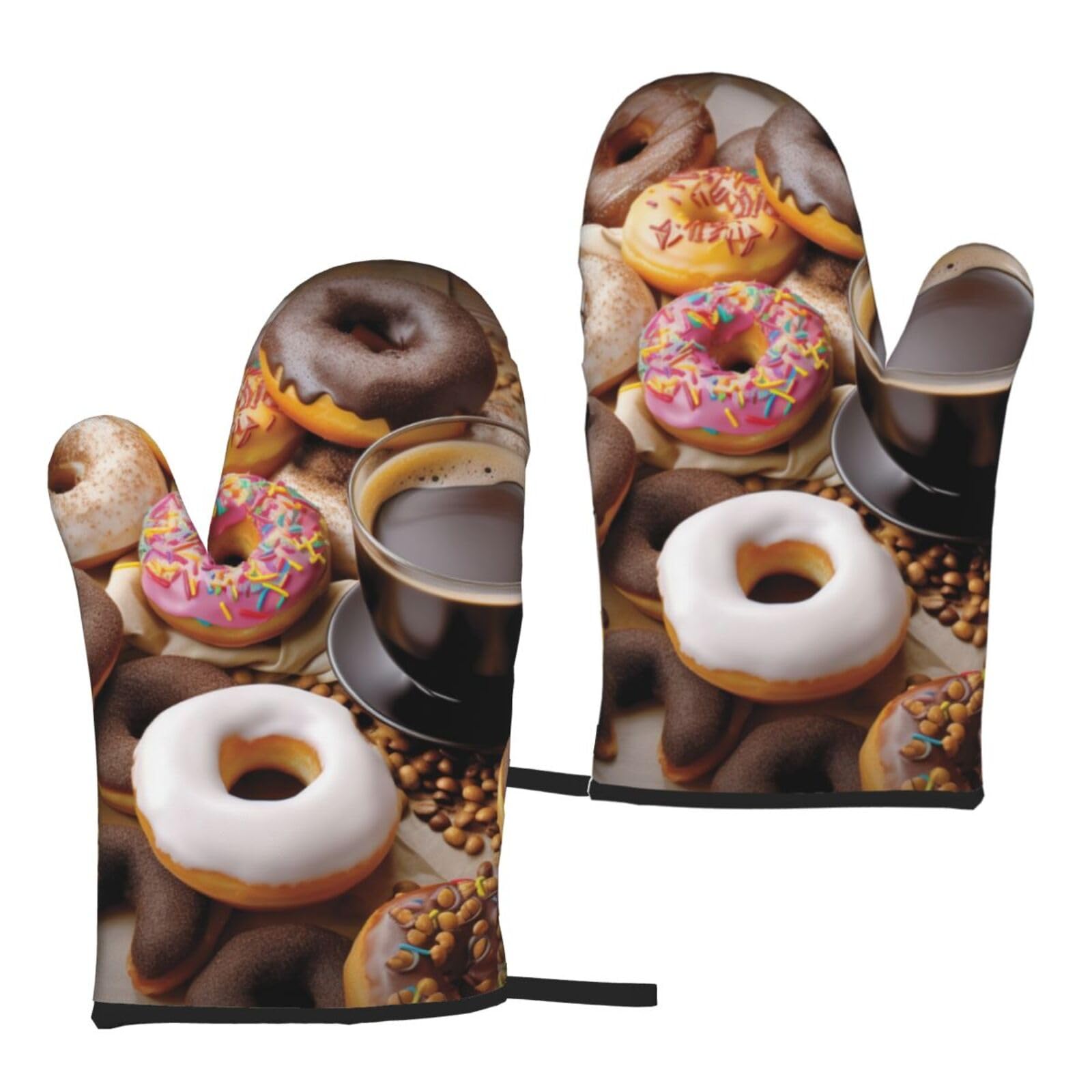coffee and donuts Printed Oven Mitts Sets 2 PCS Heat Resistant and Non-Slip Glove Potholder for Kitchen Cooking Baking Grilling