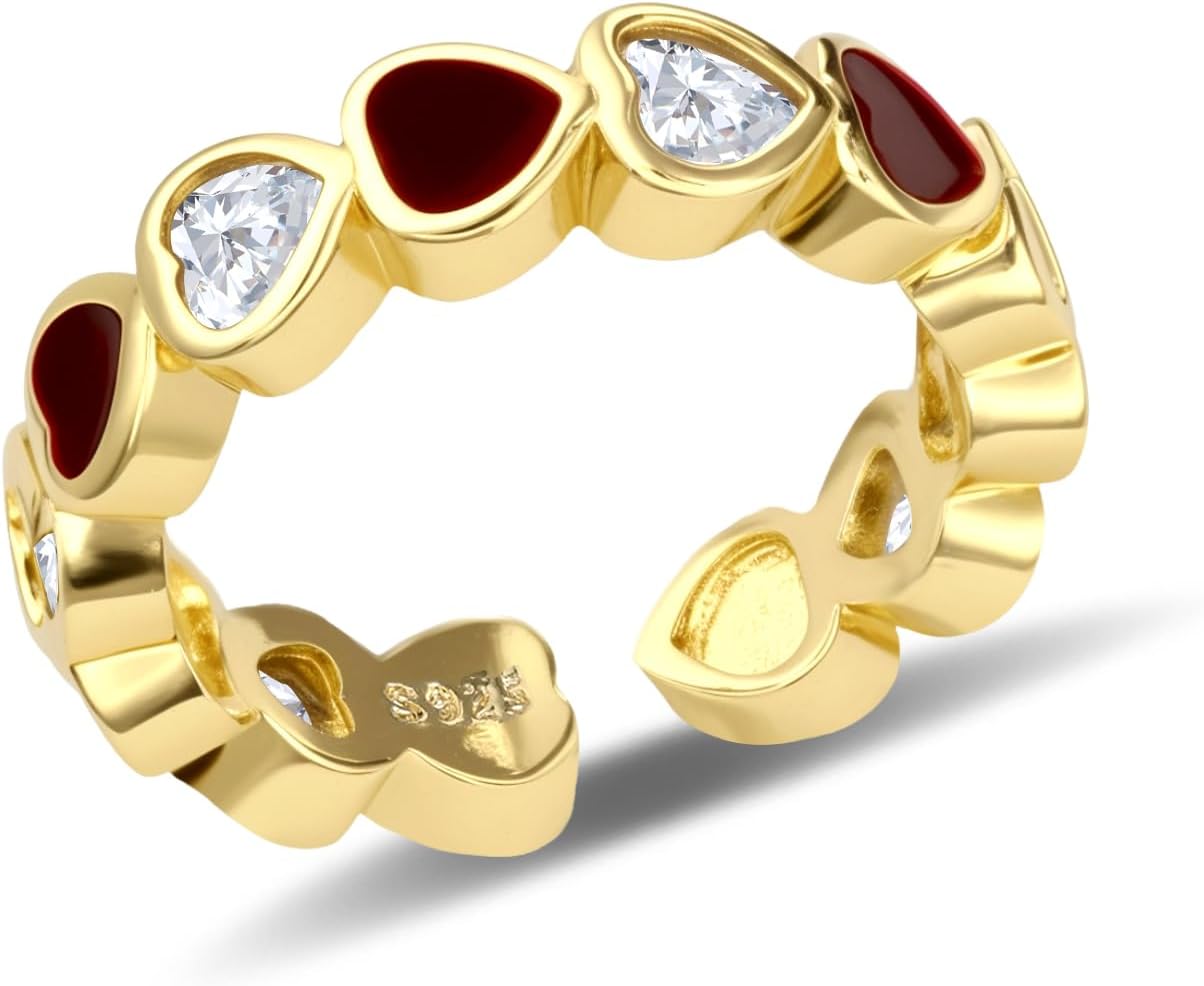 Gold Heart Ring for Women Adjustable with Cubic Zirconia and Red Enamel Stackable Rings for Daily or Wedding
